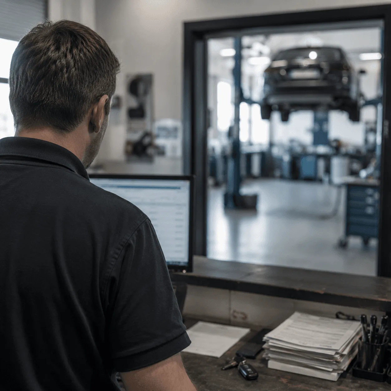 Mitarbeiter am Computer mit Blick auf ein Fahrzeug auf der Hebebühne.