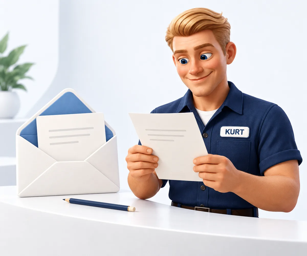 Kurt prüft eine E-Mail-Anfrage neben einem Briefumschlag und bereitet eine Antwort vor.