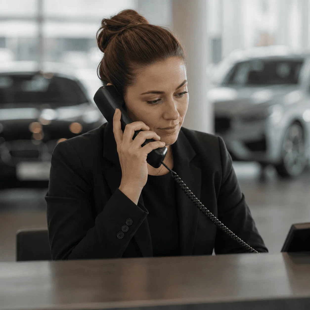 Mitarbeiterin am Telefon an der Serviceannahme.