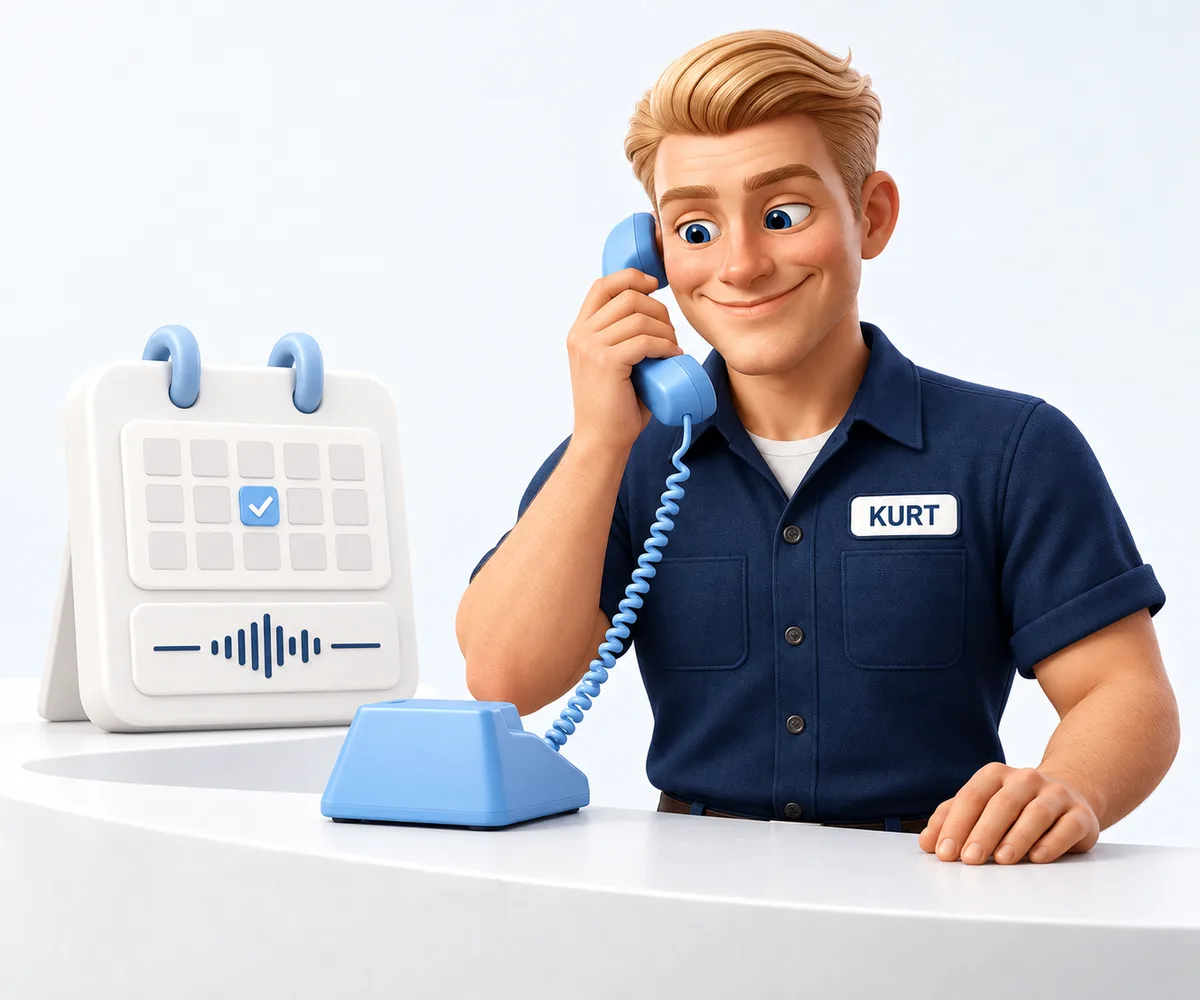 Kurt nimmt mit einem Telefonhörer einen Anruf an; Kalender und Schallwelle stehen für Gespräch und Terminbuchung.