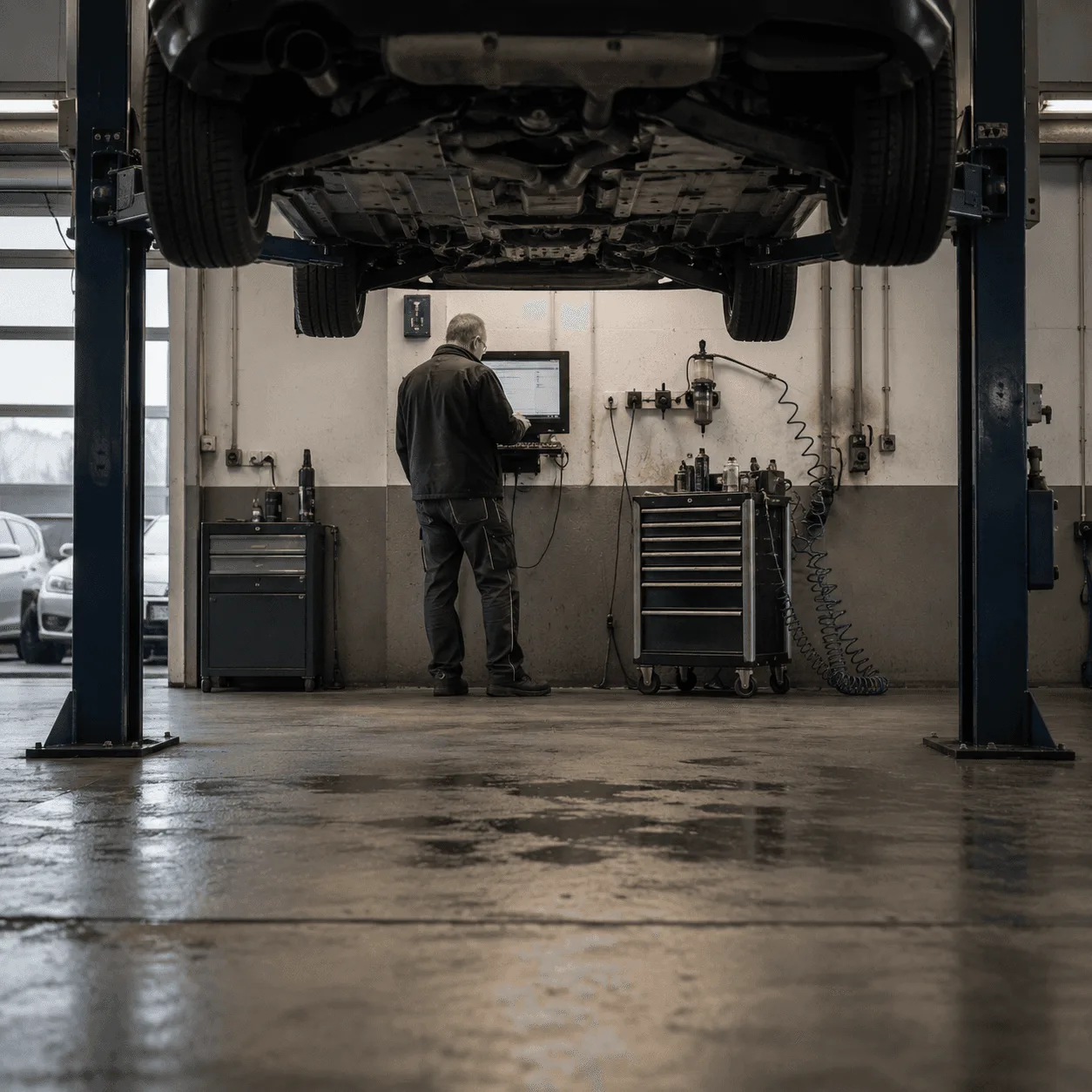 Mitarbeiter am Werkstattcomputer unter einem Fahrzeug auf der Hebebühne.
