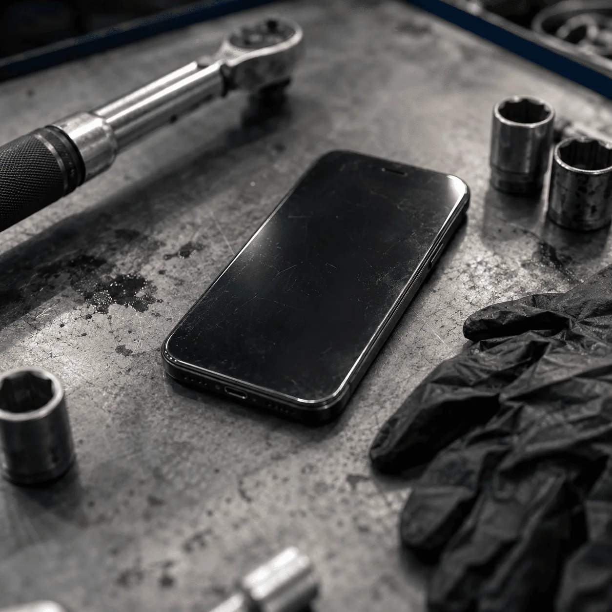 Smartphone zwischen Werkzeugen auf einer Werkbank.