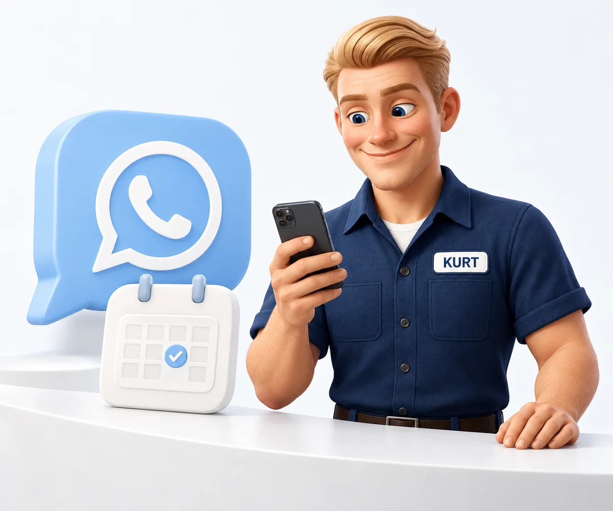 Kurt beantwortet eine WhatsApp-Nachricht am Smartphone; ein Kalender zeigt die Terminbuchung.